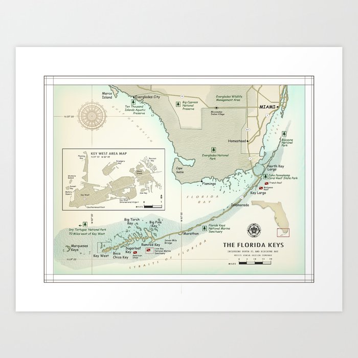 South Florida and the Florida Keys Place map Artwork Print graphic relating to Printable Map of Florida Keys called South Florida and the Florida Keys Local map Artwork Print